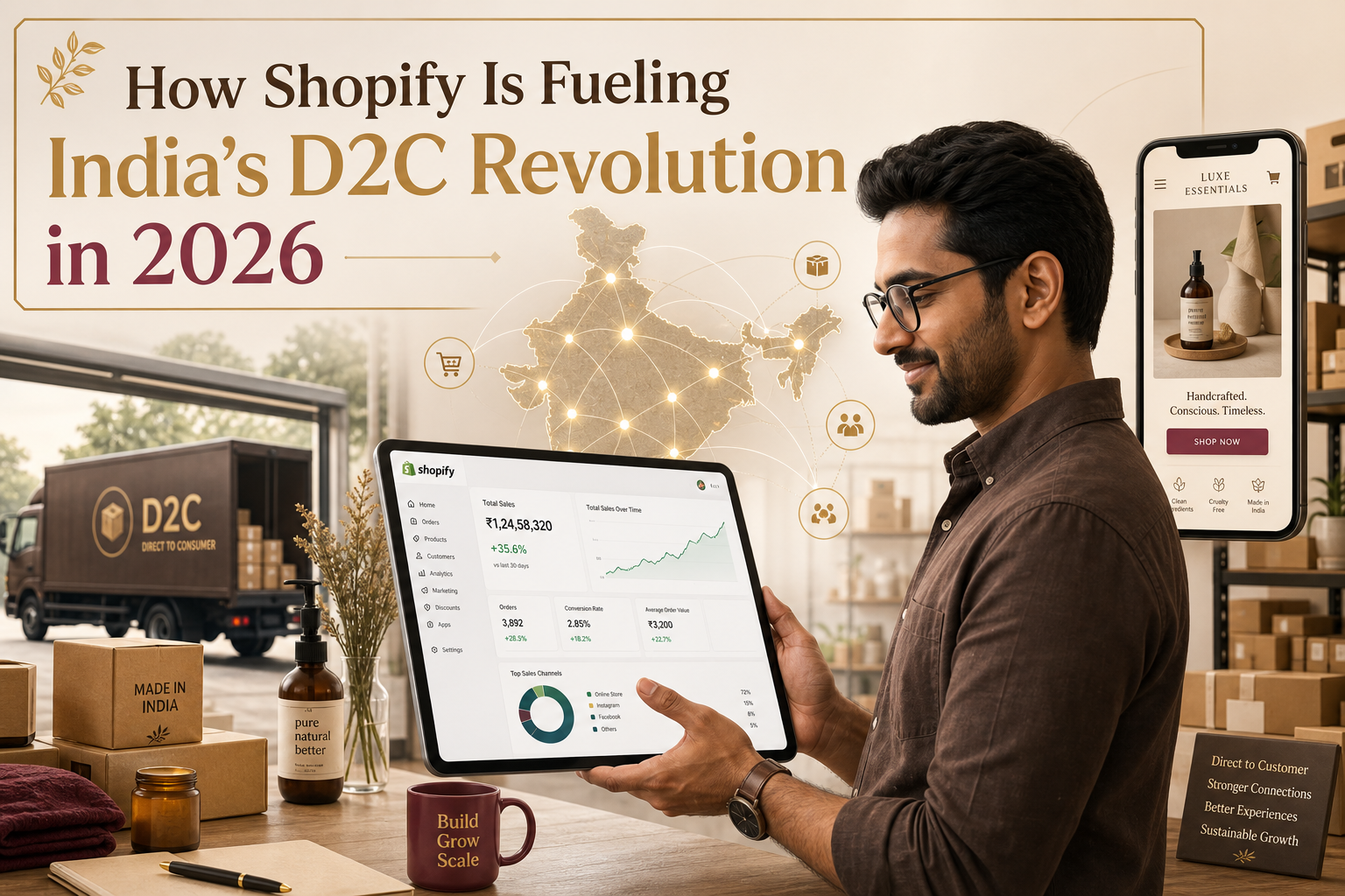 Indian entrepreneur managing a Shopify D2C store dashboard